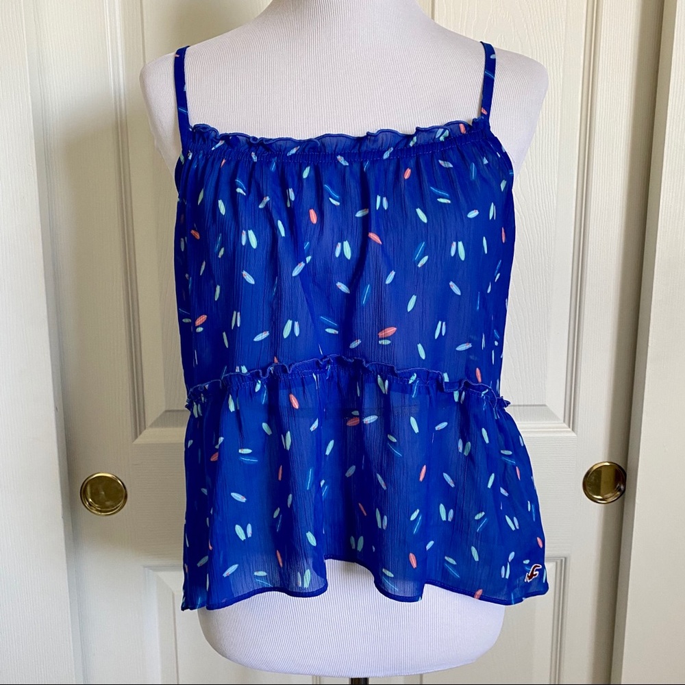 Hollister California Tiered Tank Sz M Royal Blue Surfboard Print Y2K Cross Back
